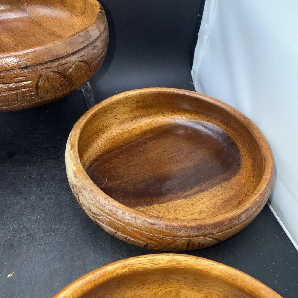 Set of 5 Hand Carved Monkey Pod Wood Bowls Asian Landscape Serving Bowls